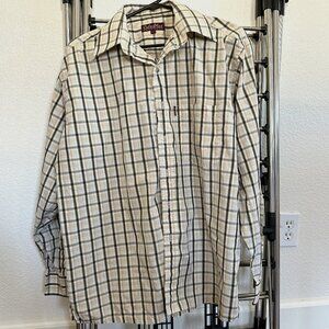 Vintage 80s Mens Striped Plaid White Black Dress Shirt